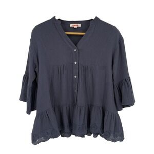 Mazik Womens Double Gauze Tiered Top Medium Blue‎ Eyelet Ruffle Boho Cottagecore